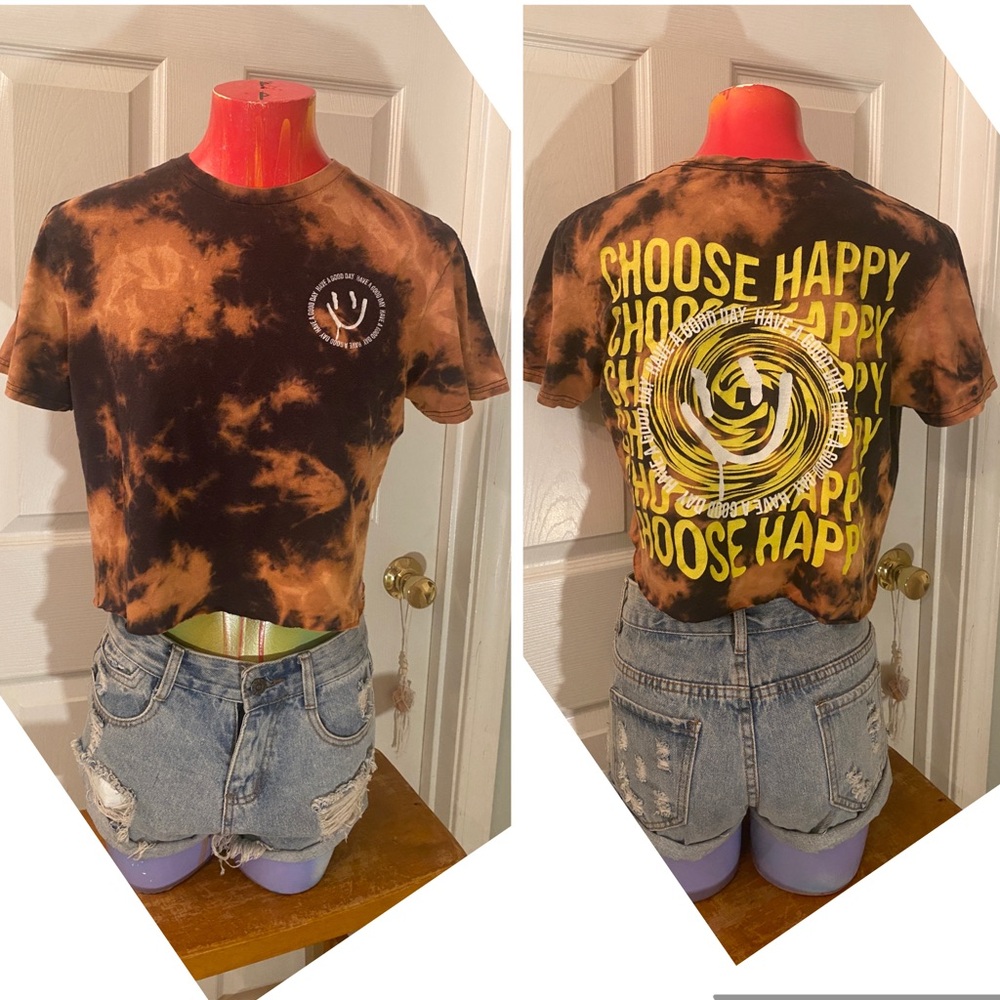 Chemistry Black and Orange Reverse Tie Dye Choose Happy Graphic Crop T-Shirt